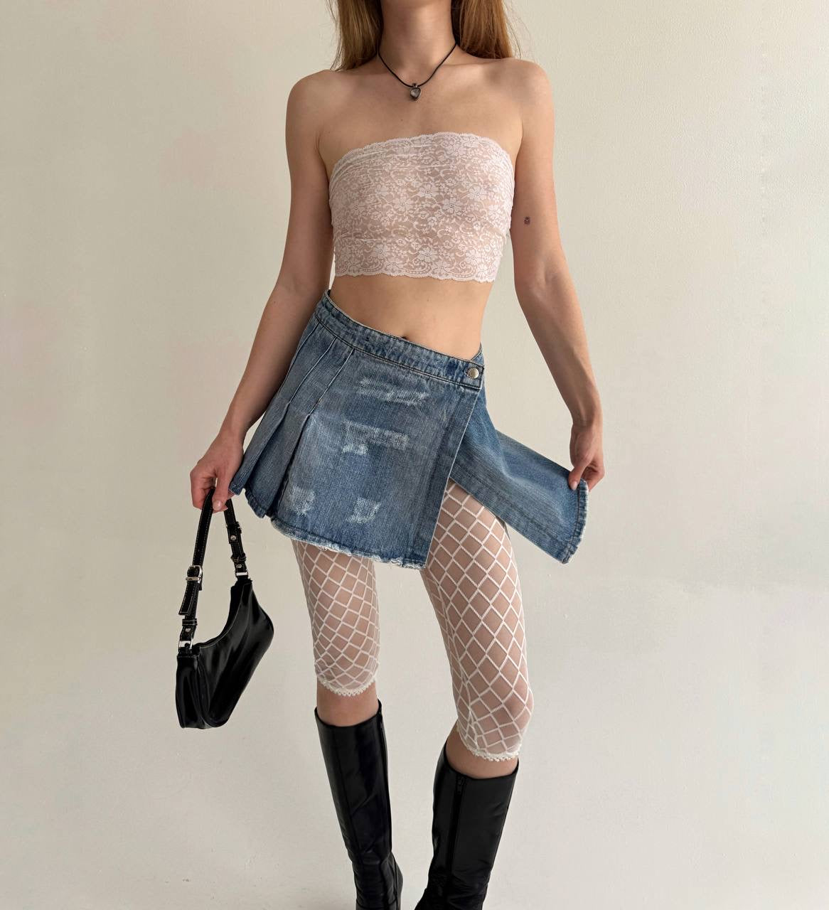 Vintage light blue denim asymmetrical pleated skirt