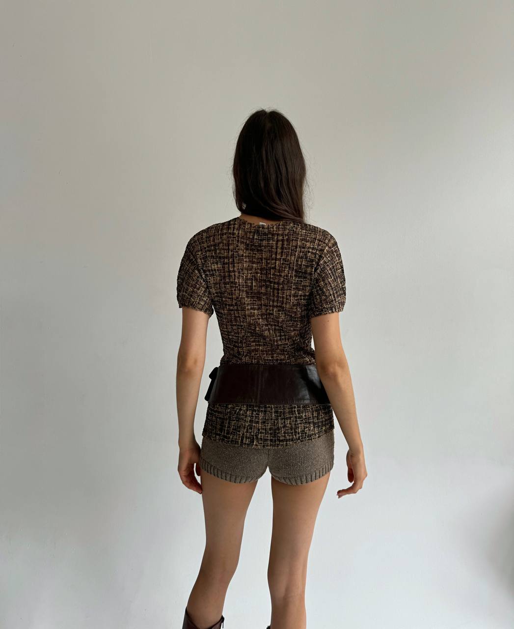 Vintage pleated brown mesh top