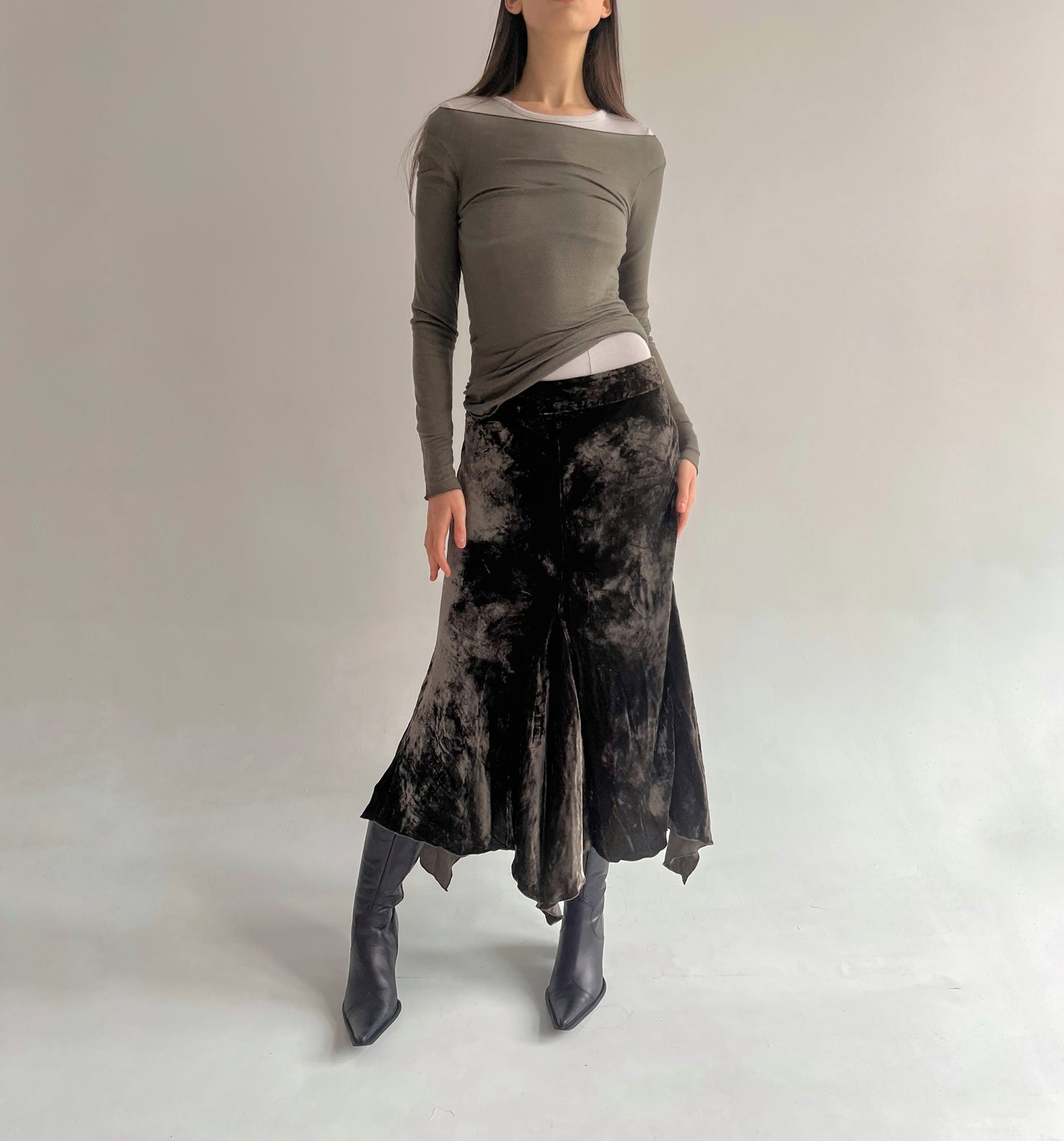 Vintage velvet khaki asymmetrical maxi skirt