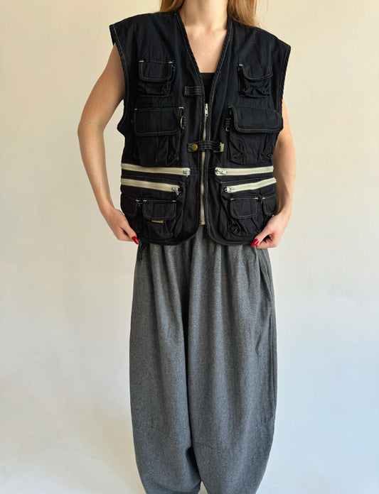 Vintage cotton black oversized fisherman vest