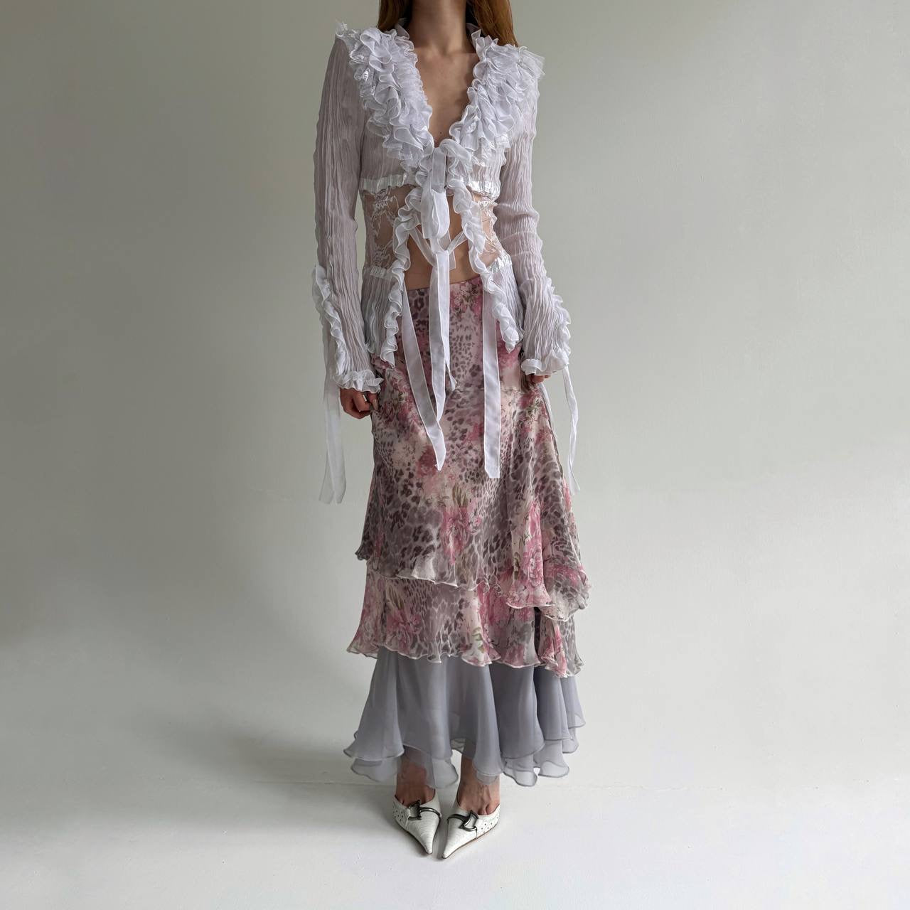 Vintage printed ruched long skirt