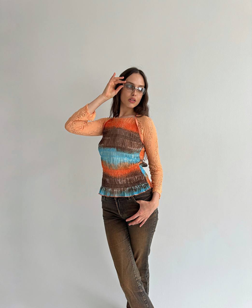 Vintage orange tie dye gathered lace top