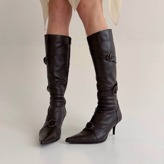 Vintage faux leather brown knee high pointy boots with belts