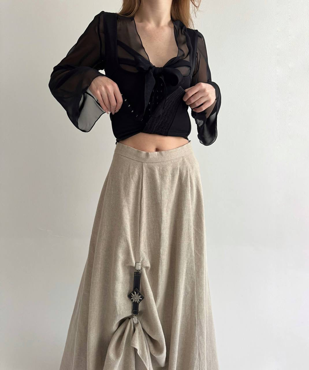 Vintage bavarian 100% linen beige long skirt