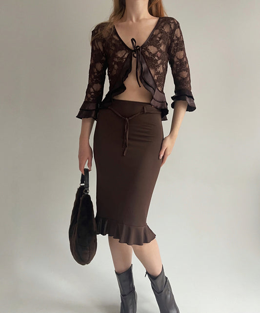 Vintage stretchy brown midi skirt with ties