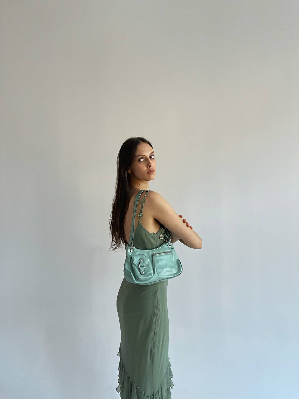 Vintage sage baguette bag with pockets