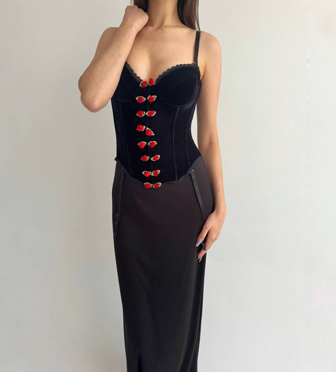 Vintage velvet corset with red roses