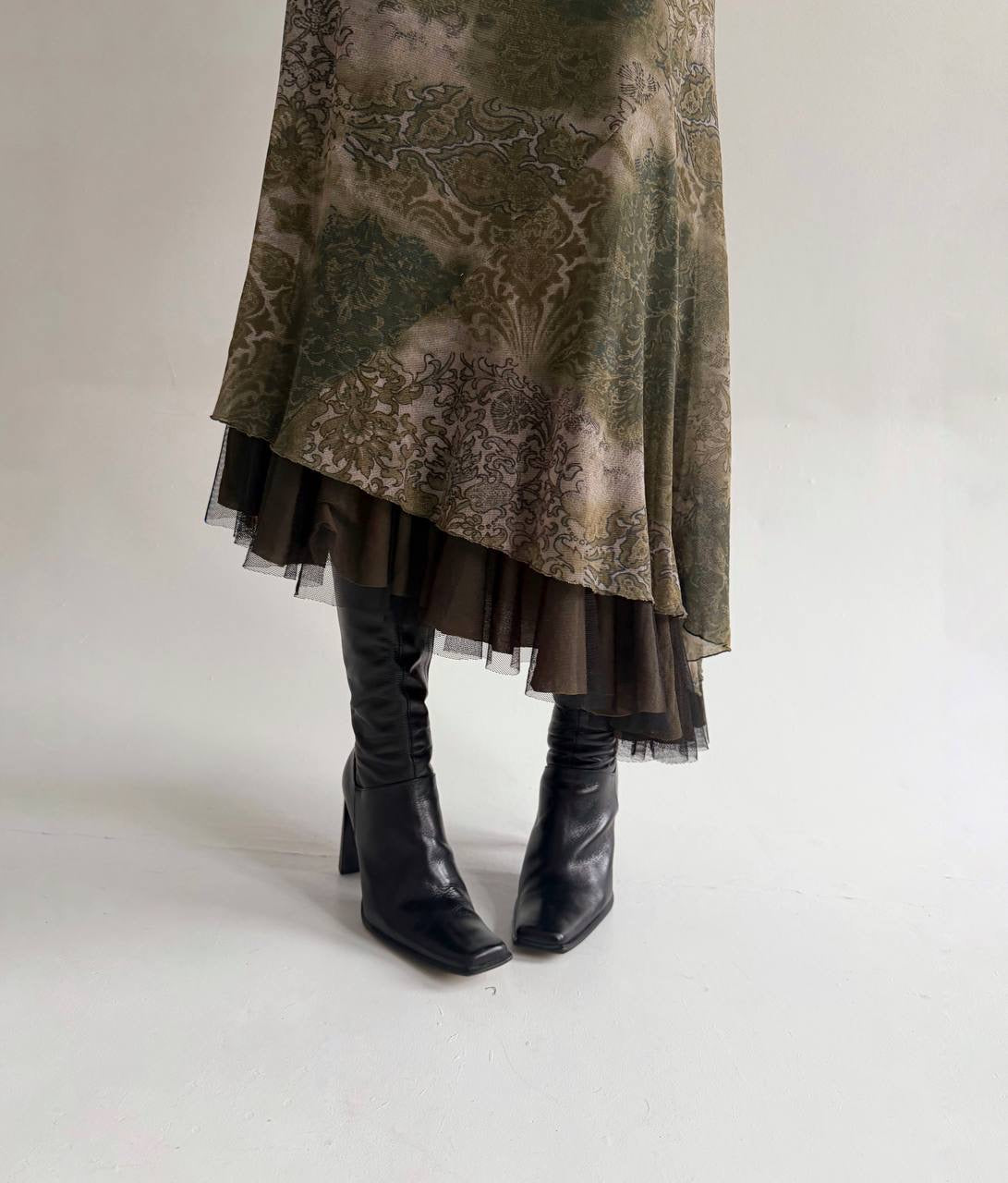 Y2K green printed midi asymmetrical skirt
