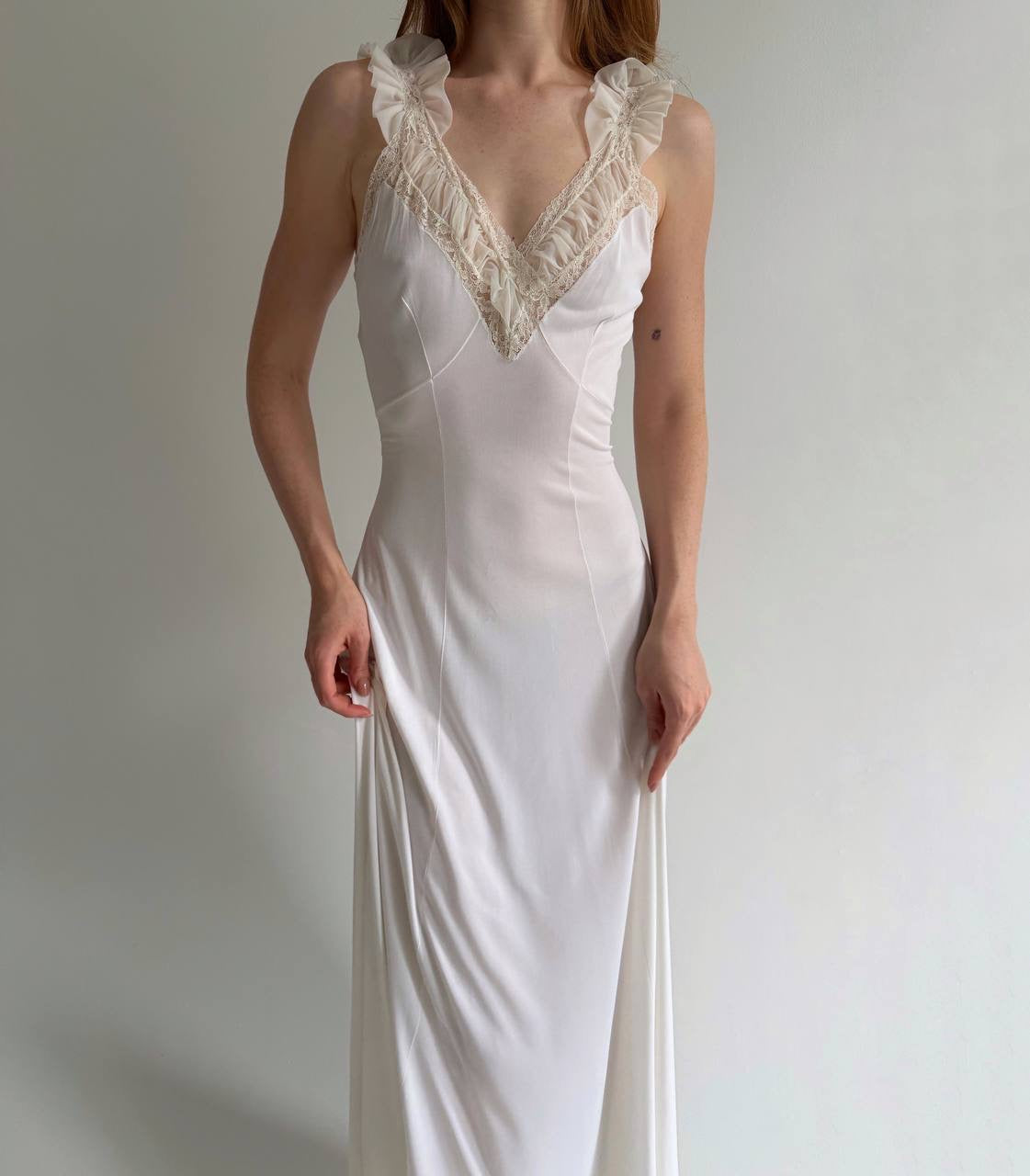 Vintage white long nighgown with lace and back tie