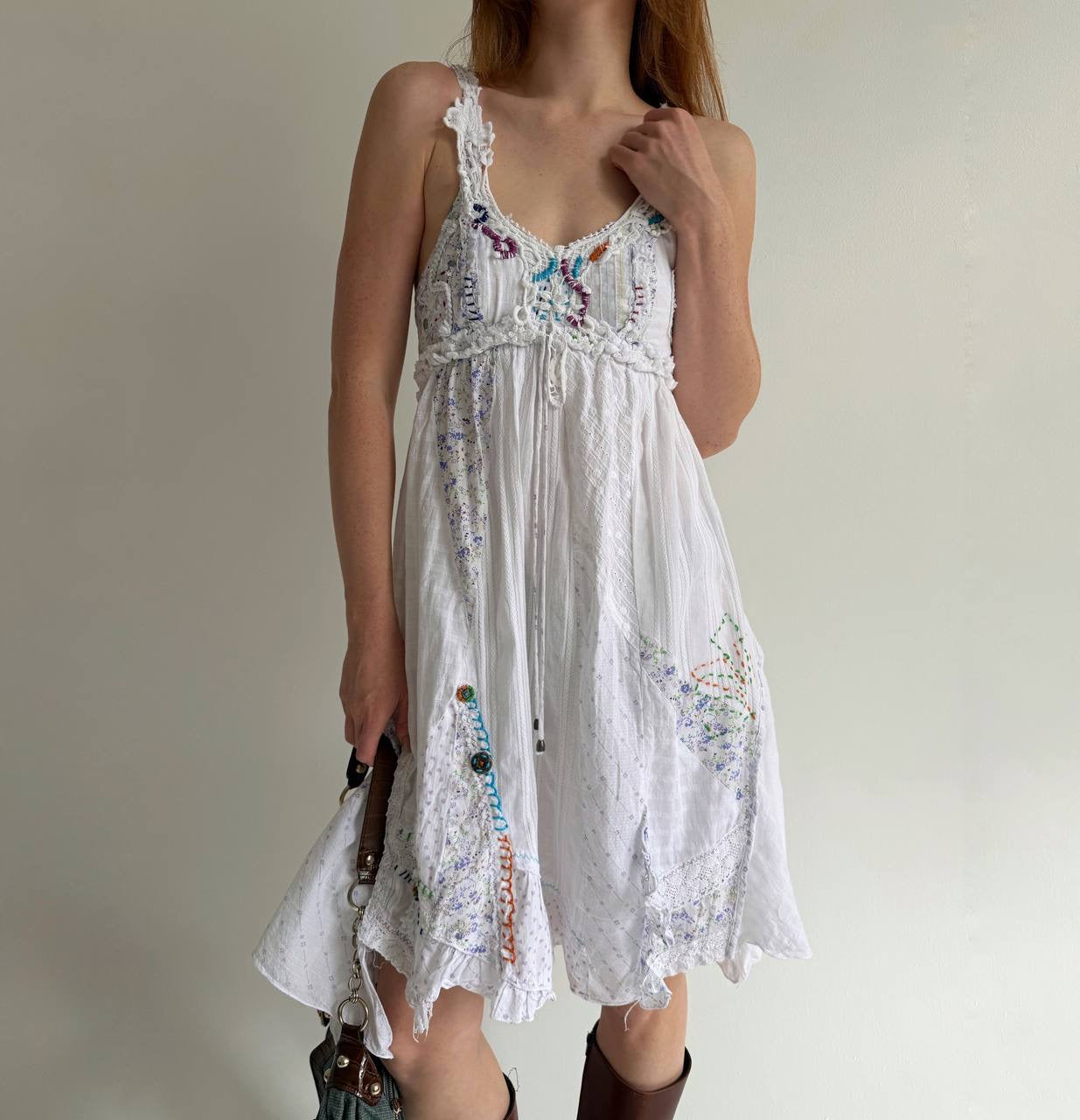 Vintage asymmetrical cotton dress with abstract embroidery