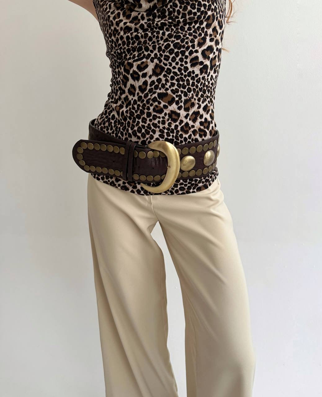 Vintage faux leather brown wide belt with gold tone details and big buckle