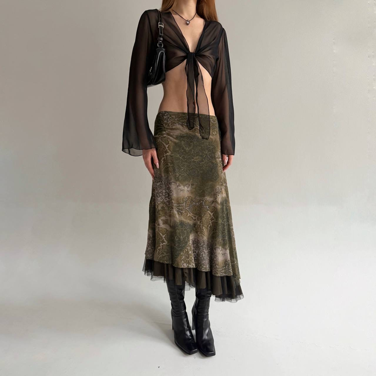 Y2K green printed midi asymmetrical skirt