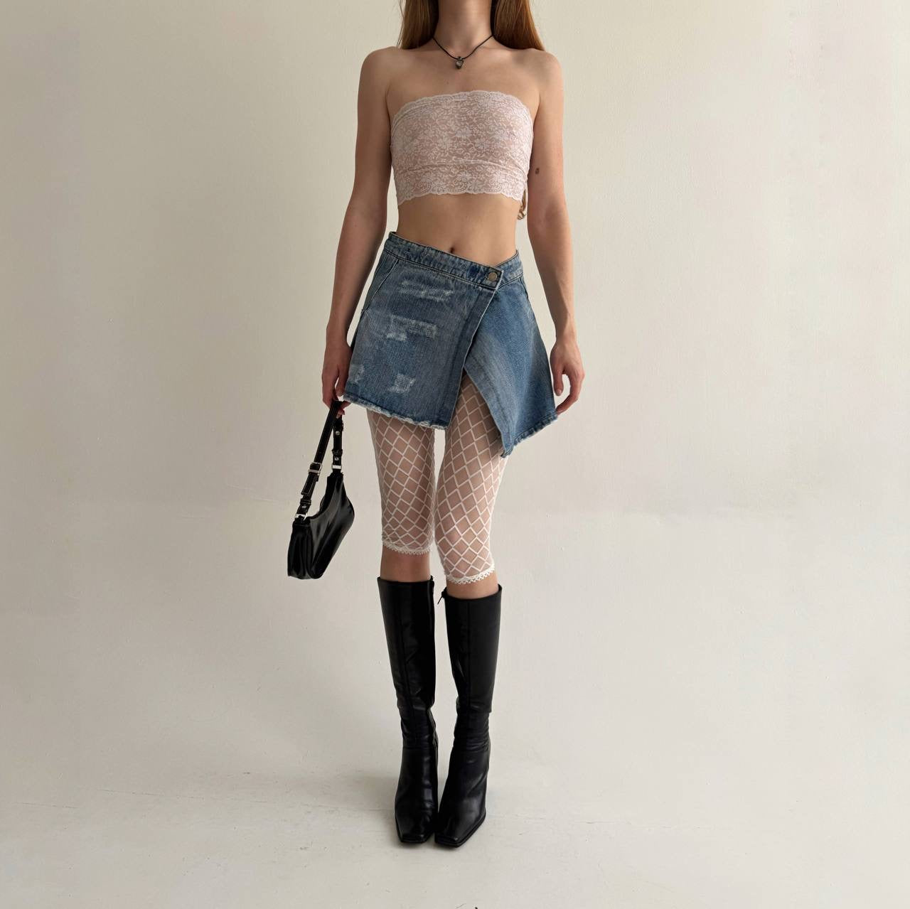 Vintage light blue denim asymmetrical pleated skirt