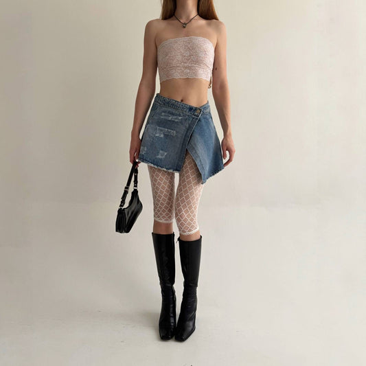 Vintage light blue denim asymmetrical pleated skirt