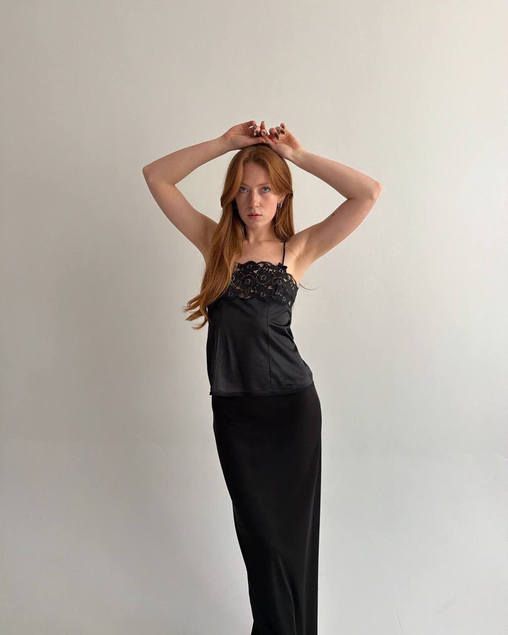 Vintage black satin camisole top with lace