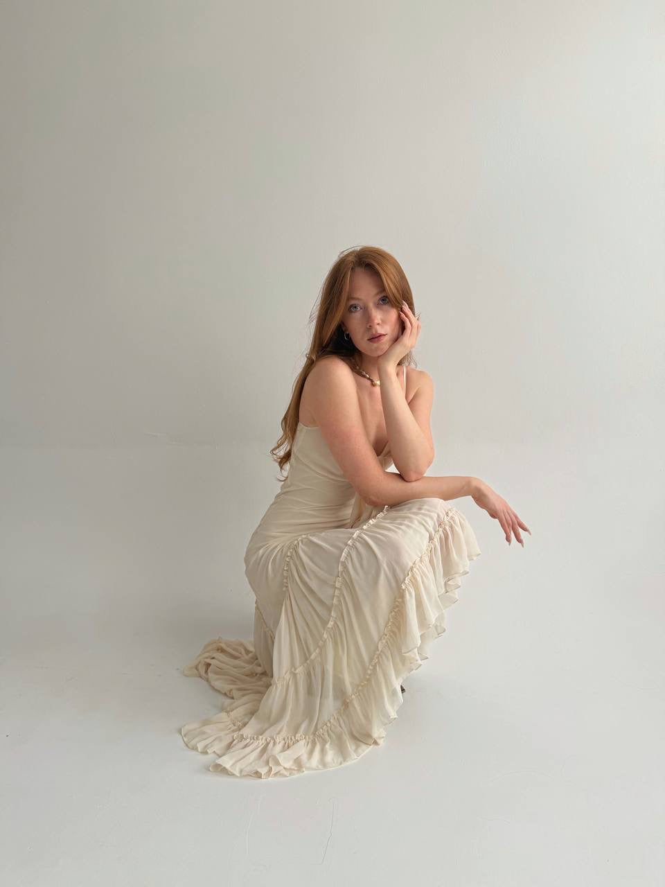 Vintage asymmetrical dress with pleated ruched bottom
