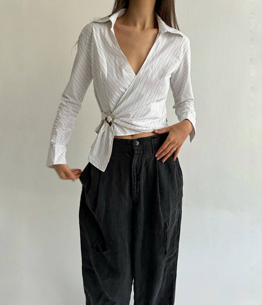 Vintage cotton asymmetrical buckle blouse