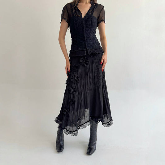 Vintage asymmetrical black lace flower appliqué skirt