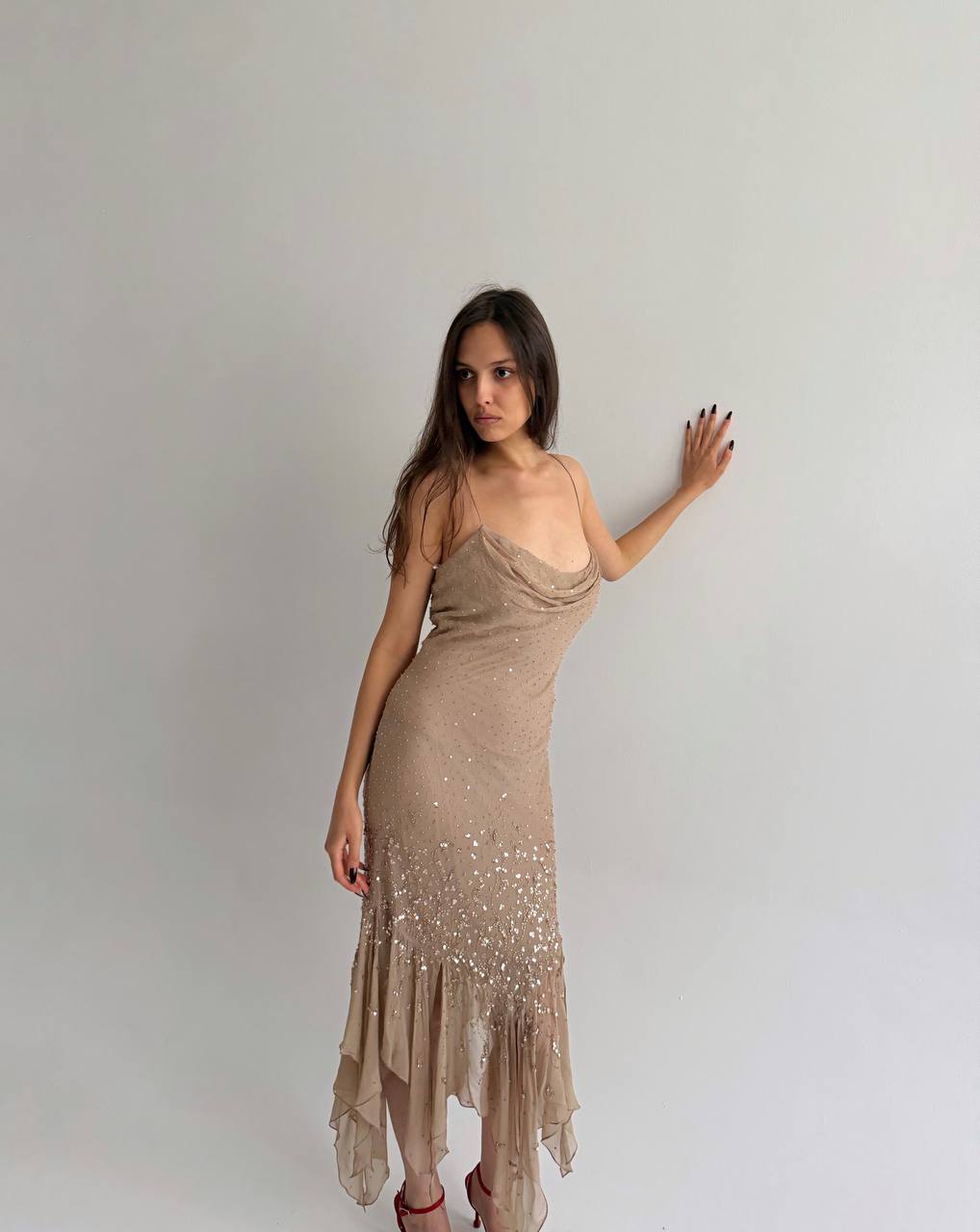 Vintage pure silk nude beaded dress