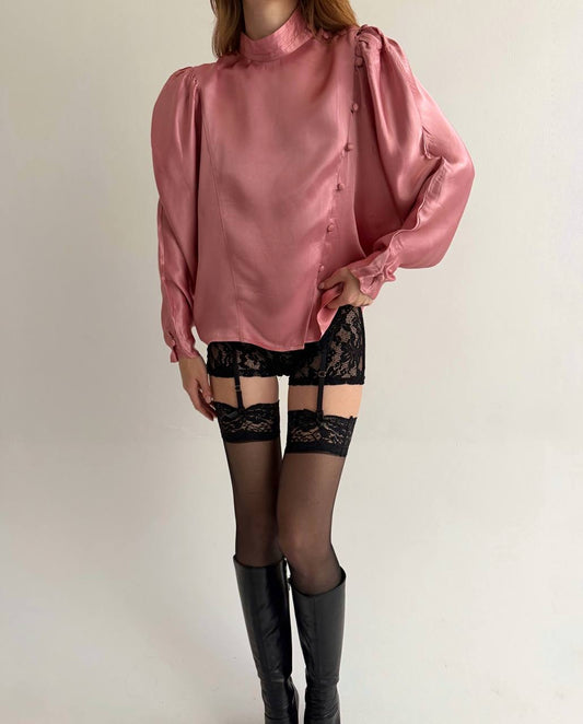 Vintage 100% viscose dusty rose pink satin blouse