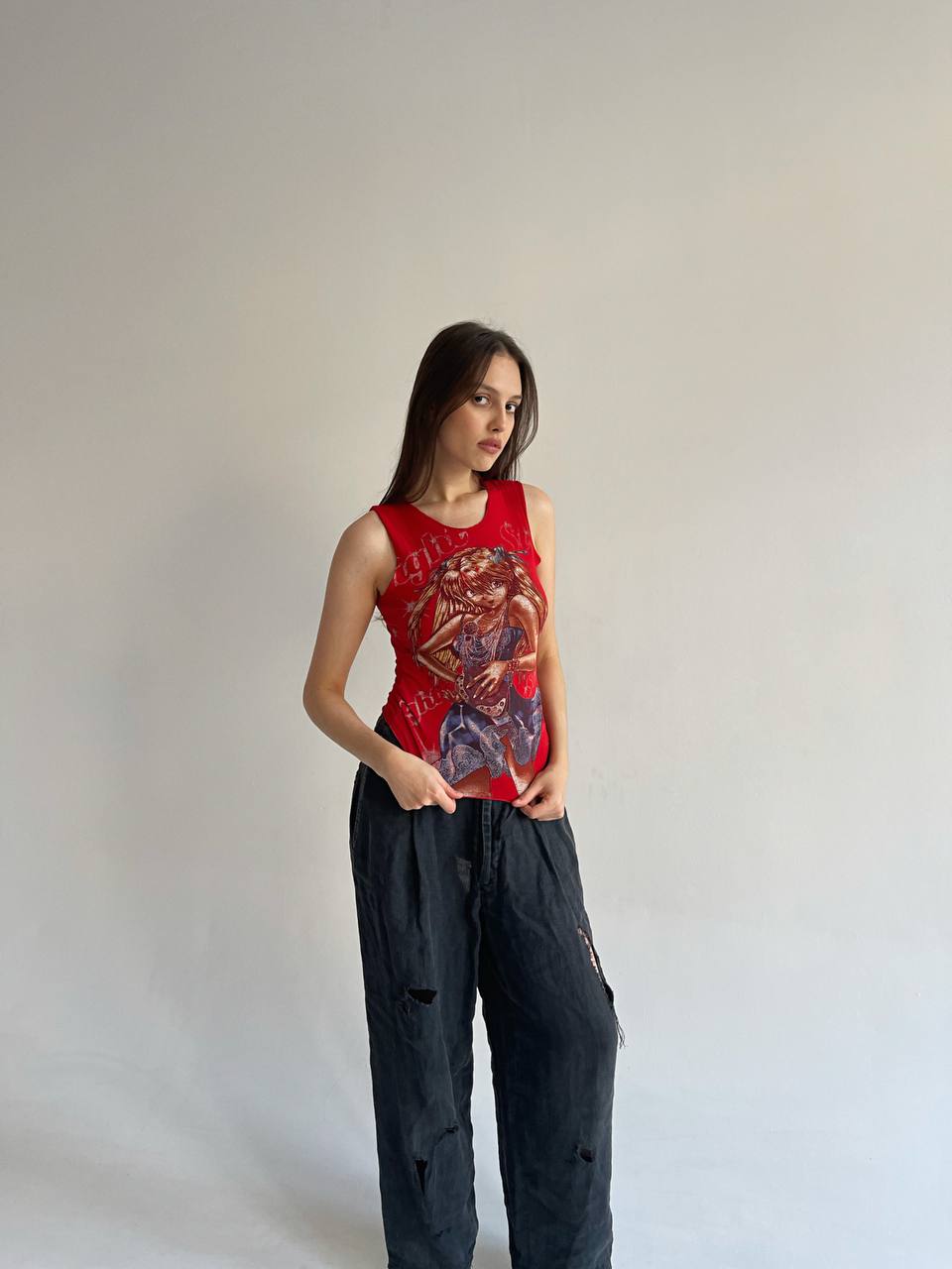 Vintage y2k anime printed red sleeveless top