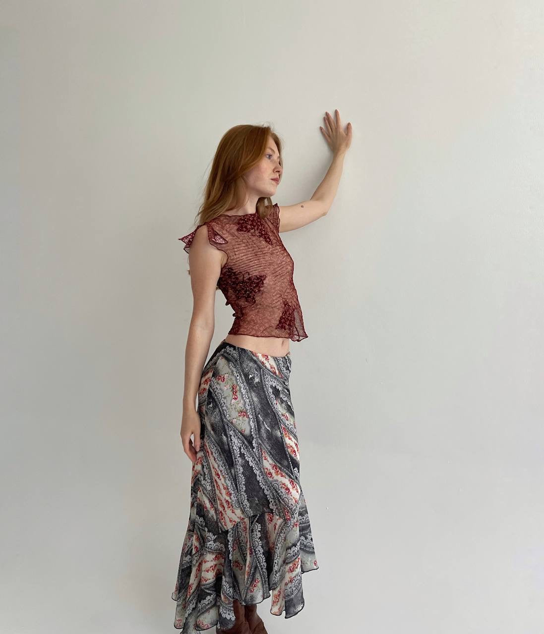 Vintage burgundy mesh asymmetrical top