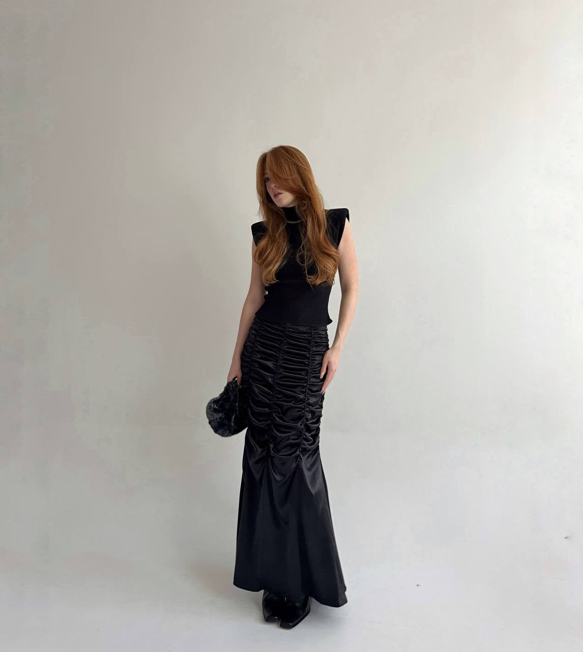 Vintage black satin long ruched skirt