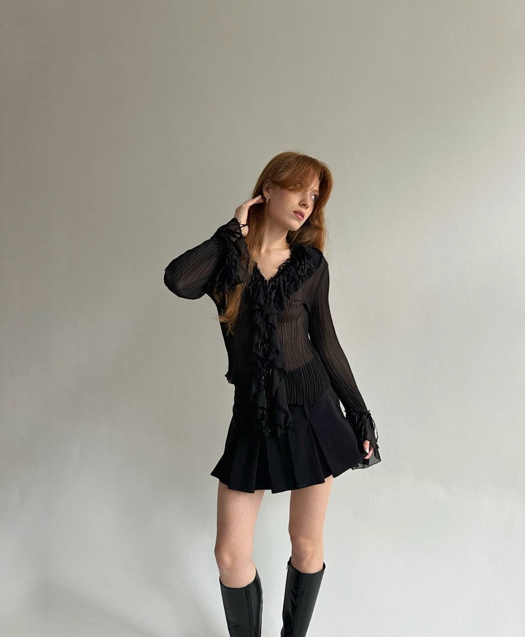 Vintage black transparent pleated blouse
