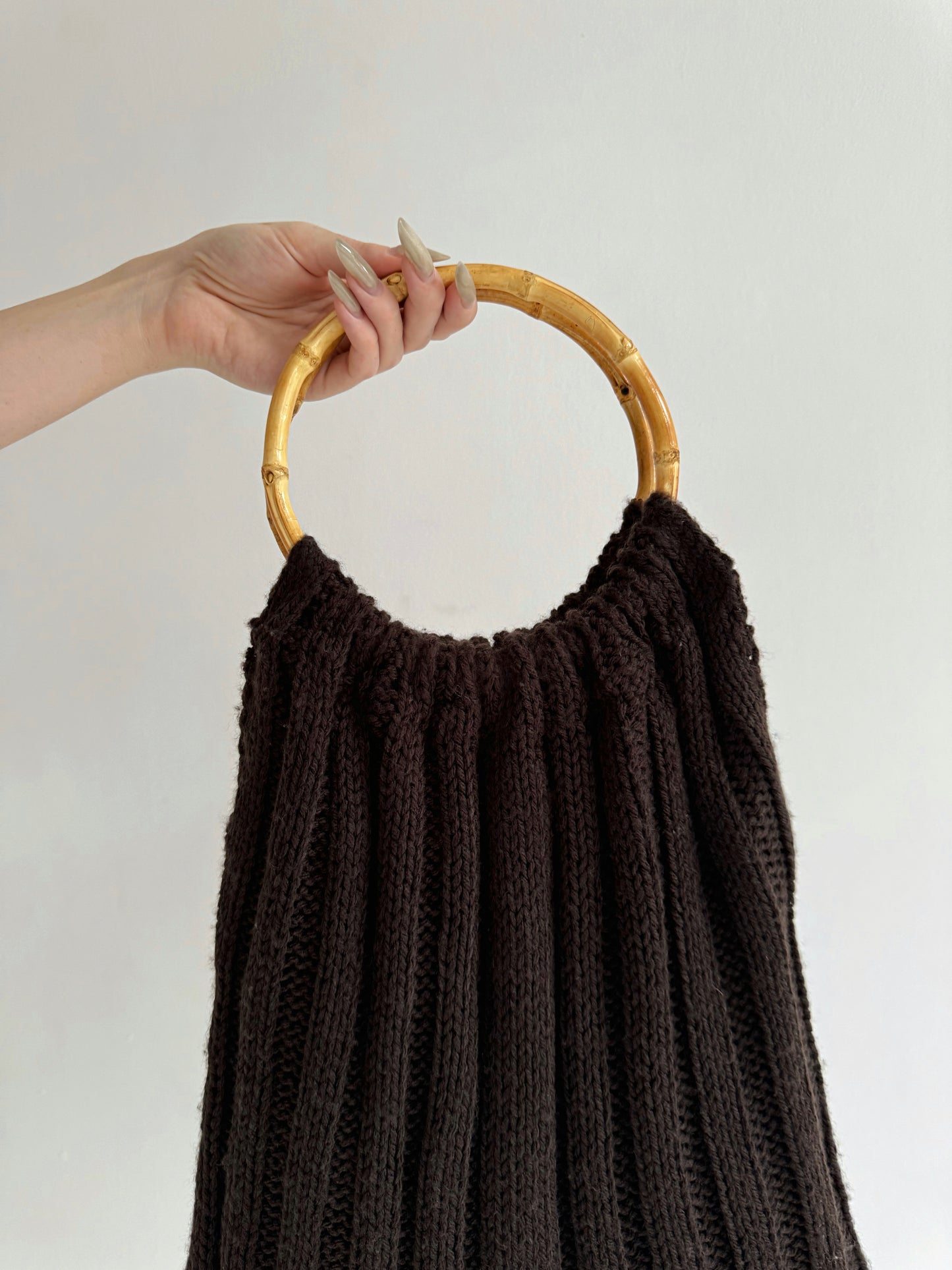 Vintage dark brown knitted hobo bag with bamboo round handle