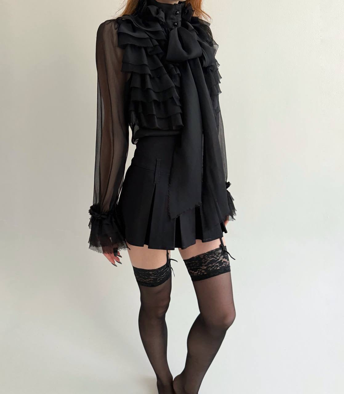 Y2K sheer black blouse with raw trim