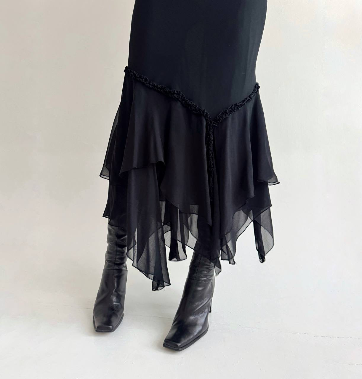 Vintage viscose black asymmetrical layered bottom skirt with ruched detail