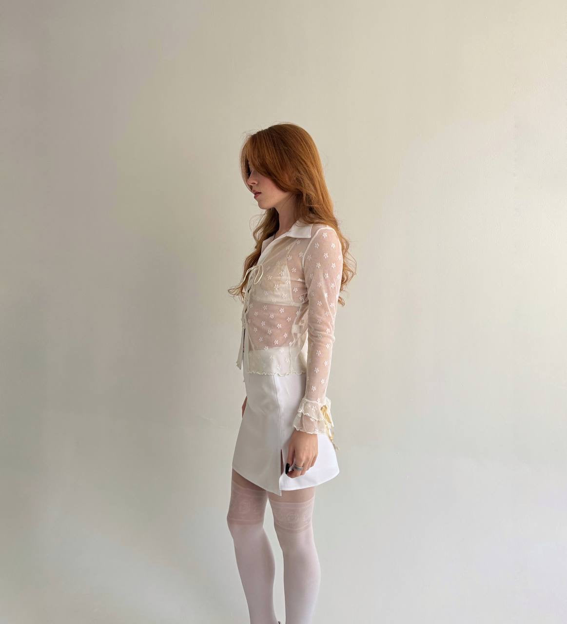 Y2K white mesh blouse with flower pattern
