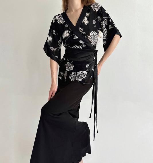 Vintage viscose flower print blouse with side ties