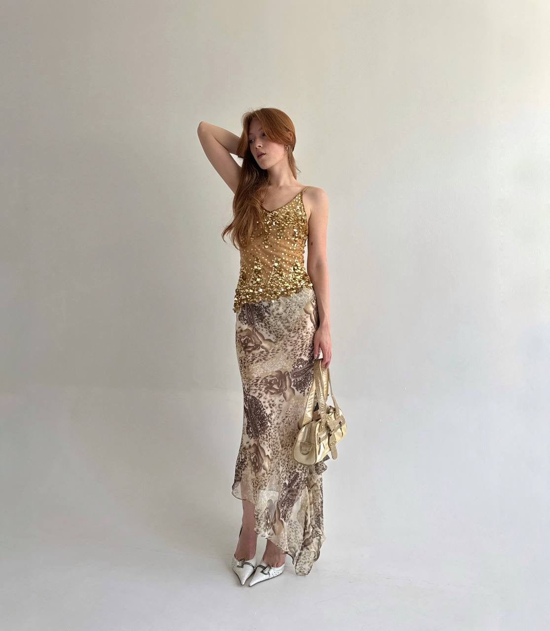 Vintage asymmetrical printed maxi skirt