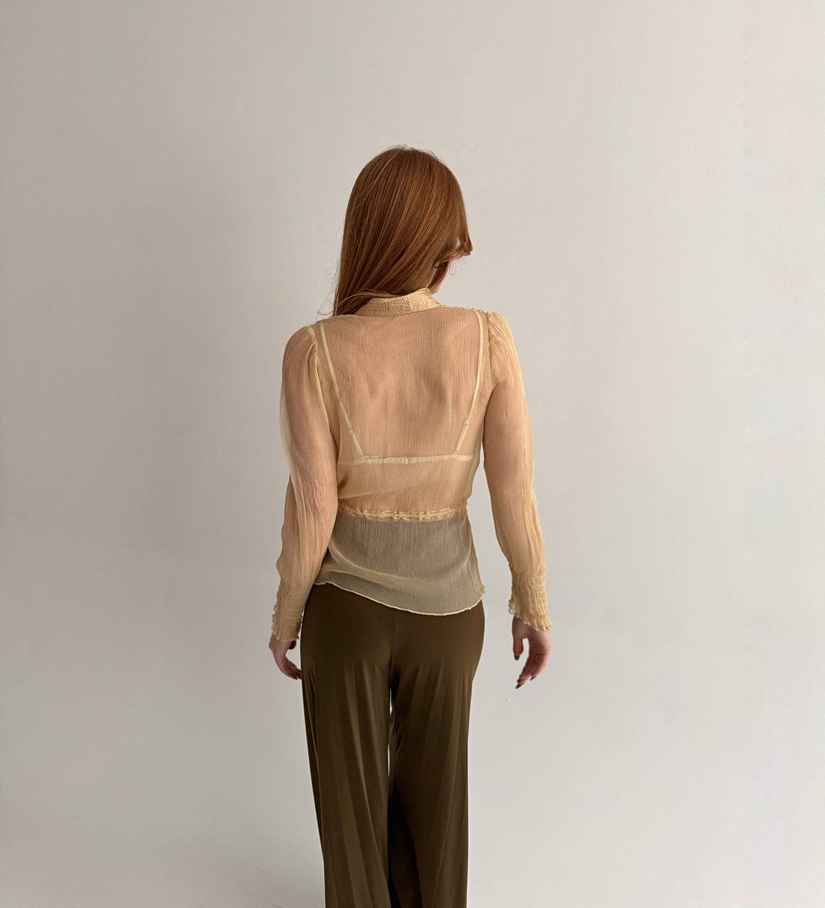 Vintage beige semi transparent blouse with lace