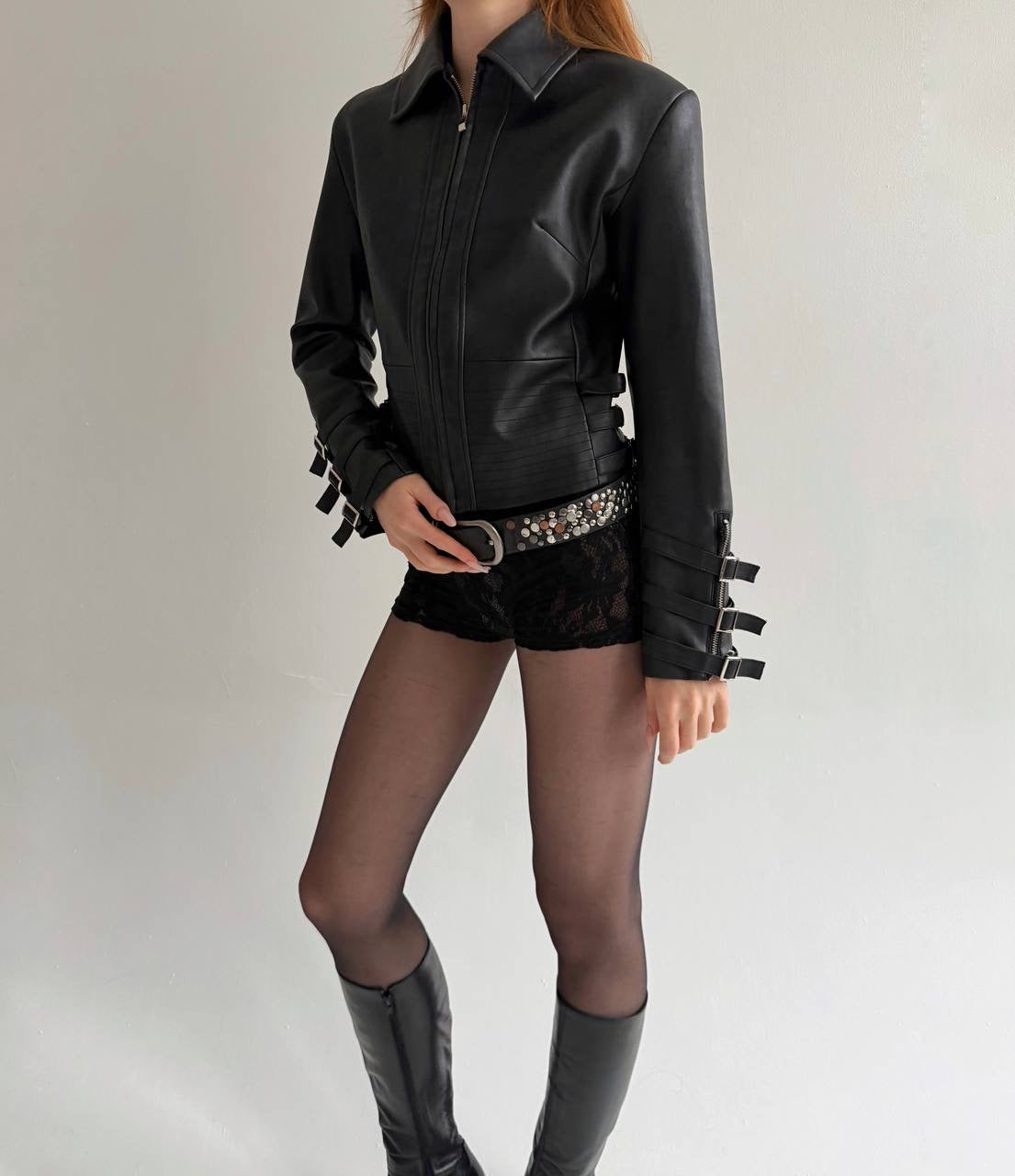 Vintage black faux leather jacket with belts