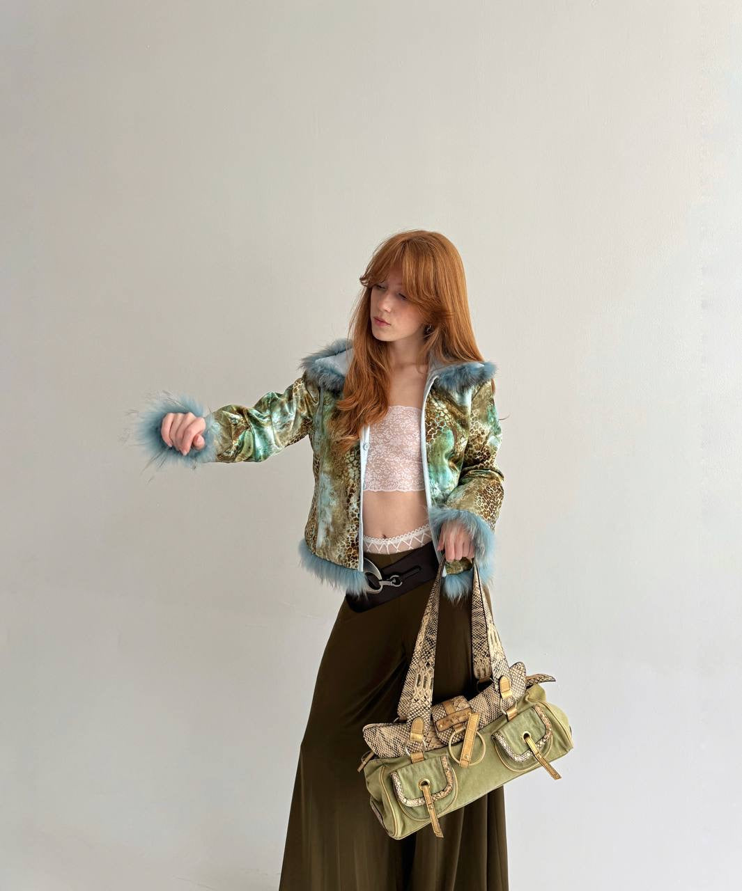 Vintage baby blue satin jacket with mixed faux