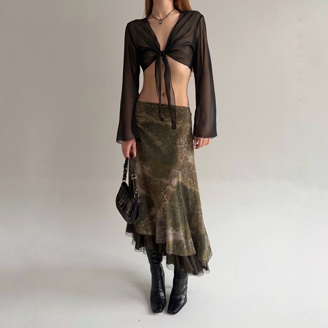 Y2K green printed midi asymmetrical skirt