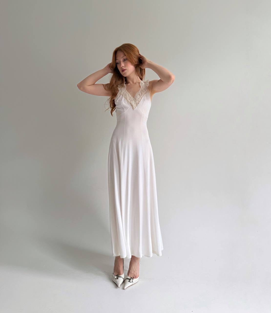 Vintage white long nighgown with lace and back tie
