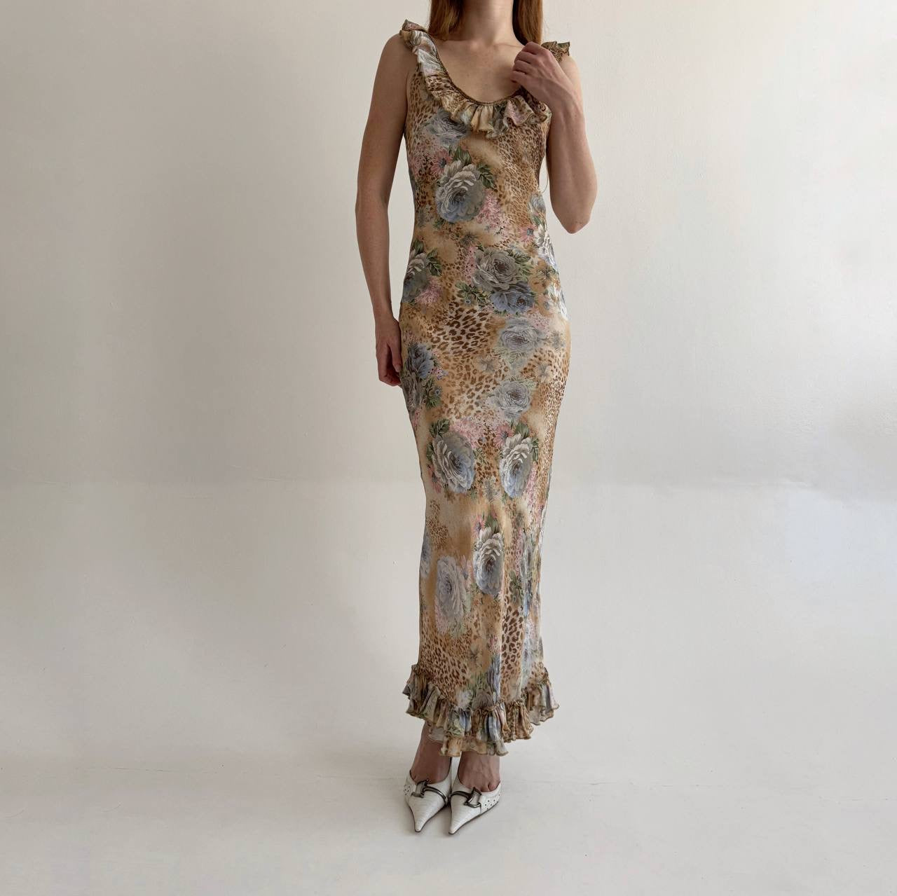 Vintage viscose long dress with leopard and flower print