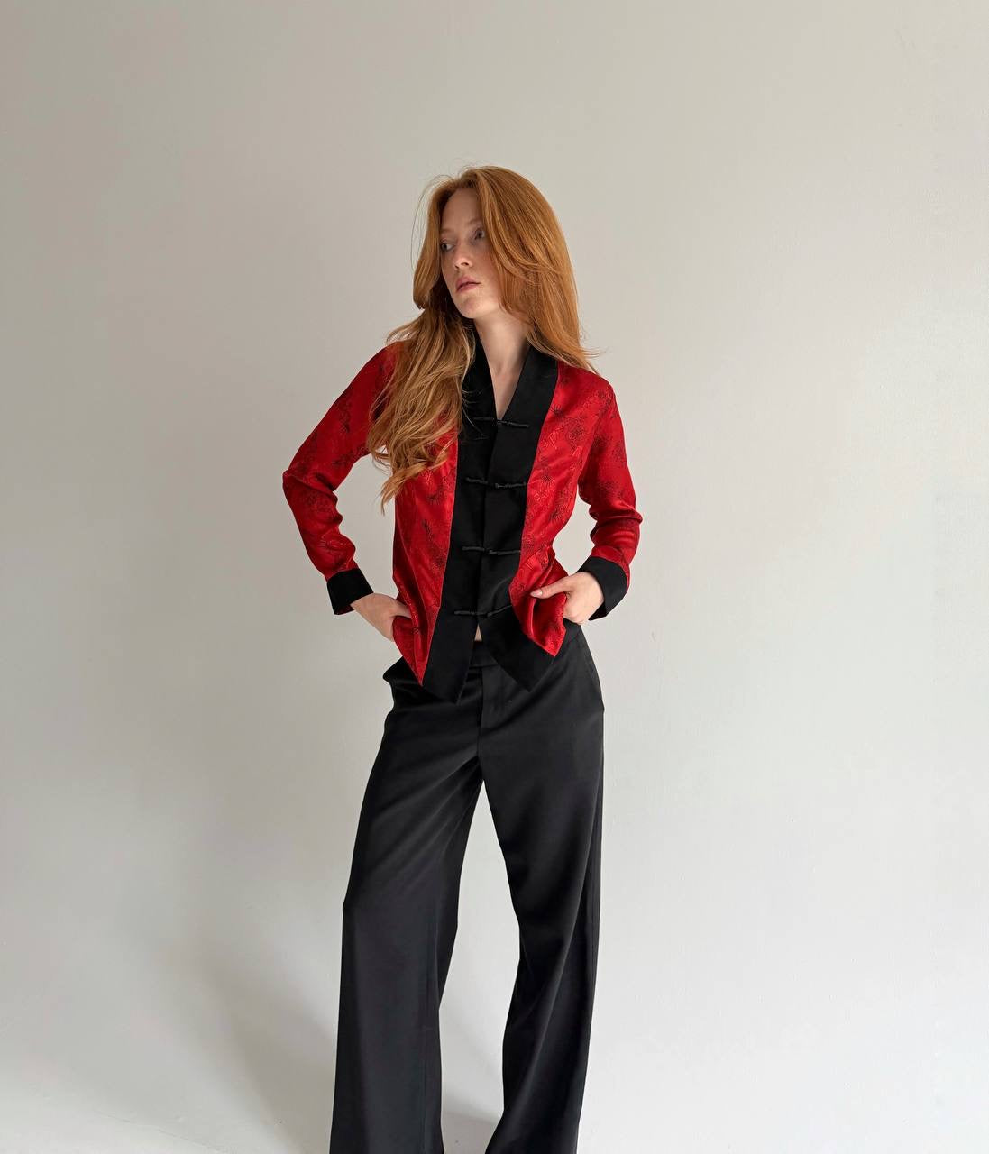 Vintage kimono style red satin blouse
