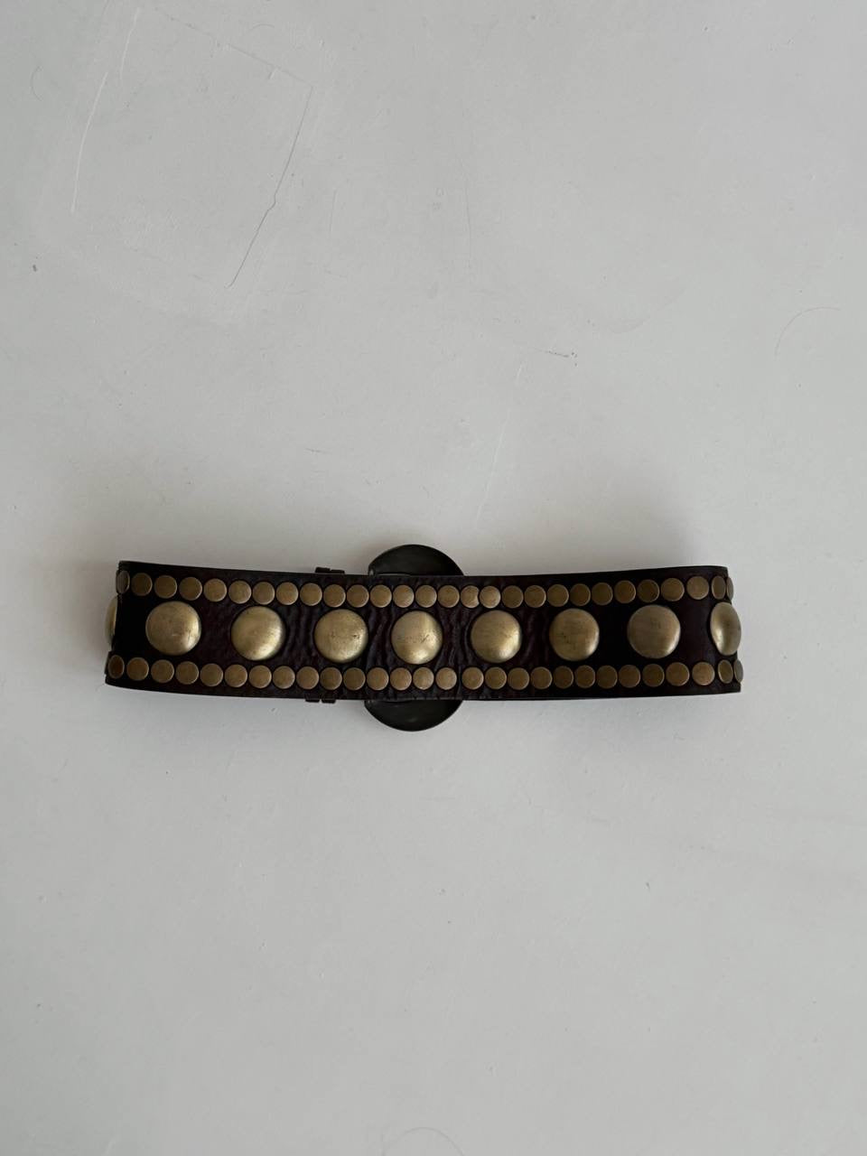 Vintage faux leather brown wide belt with gold tone details and big buckle