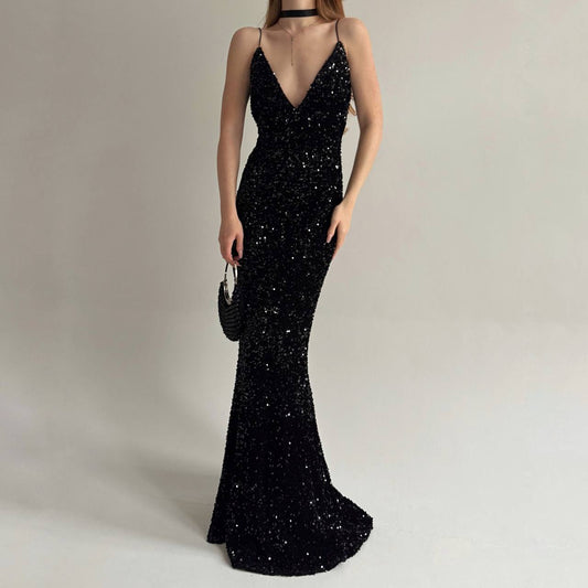 Vintage black long gown covered with sequins