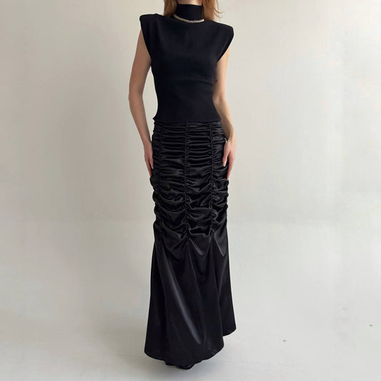 Vintage black satin long ruched skirt