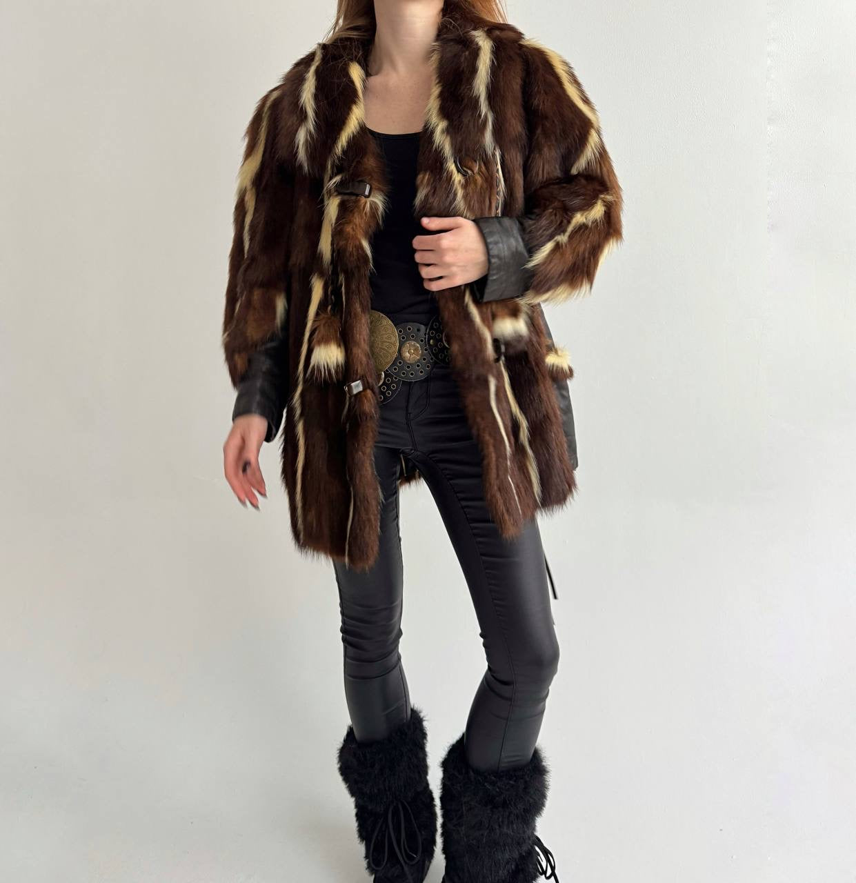 Vintage real fur coat with tortoise shell belt