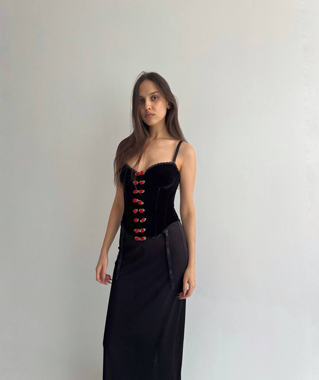 Vintage velvet corset with red roses