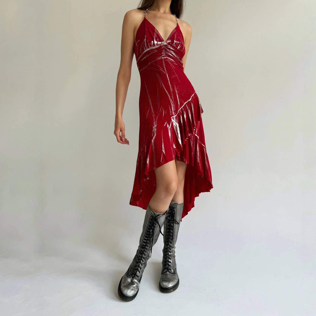 Vintage asymmetrical red dress with metallic details and crystal chain strap