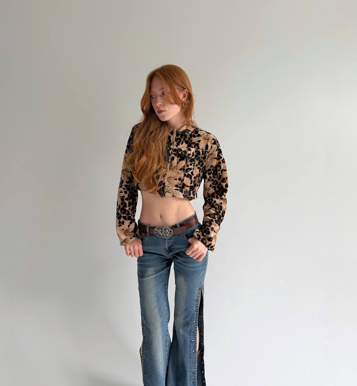 Vintage cropped jacket with leopard print