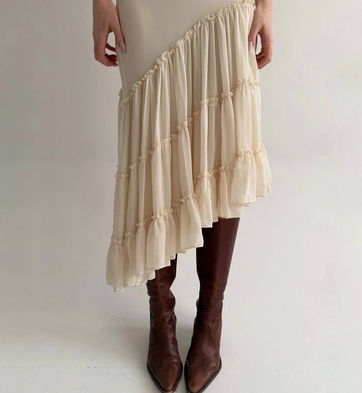 Vintage asymmetrical dress with pleated ruched bottom