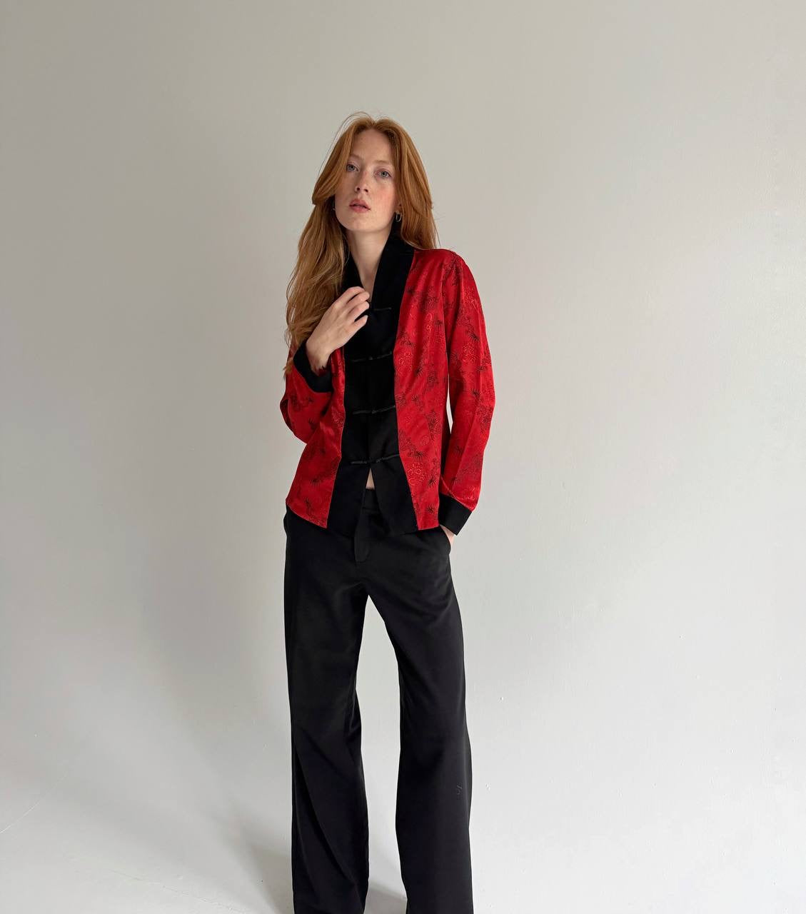 Vintage kimono style red satin blouse